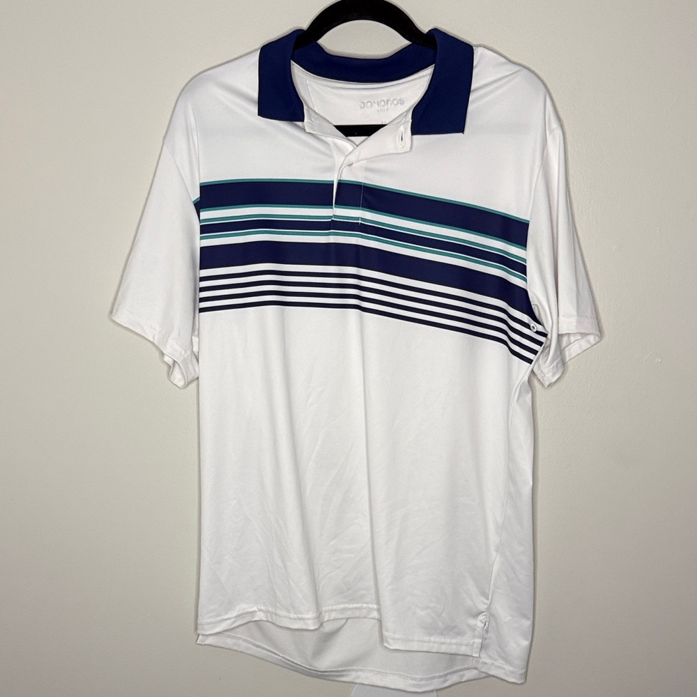Bonobos White Golf Polo with Navy and Teal Stripes